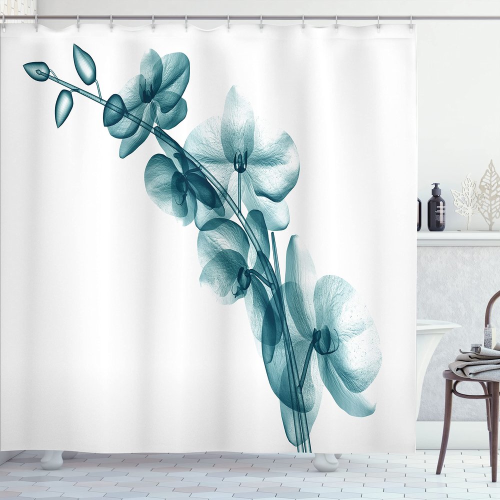 Ambesonne Flower Shower Curtain, Contemporary X-ray Illustration of Orchid Leaf Plant Twig Unseen Nature Picture, Cloth Fabric Bathroom Decor Set with Hooks, 69" W x 75" L, Dark Turquoise