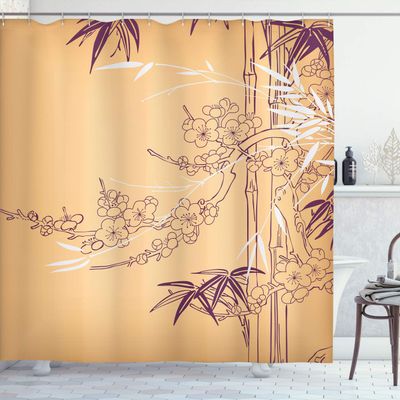 Ambesonne Asian Print Shower Curtain, Eastern Nature Theme Outline Look Blooming Branch and Flowers Illustration, Cloth Fabric Bathroom Decor Set with Hooks, 69" W x 84" L, Peach Purple