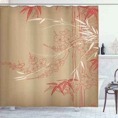 Ambesonne Asian Print Shower Curtain, Eastern Nature Theme Outline Look Blooming Branch and Flowers Illustration, Cloth Fabric Bathroom Decor Set with Hooks, 69" W x 84" L, Dark Sand