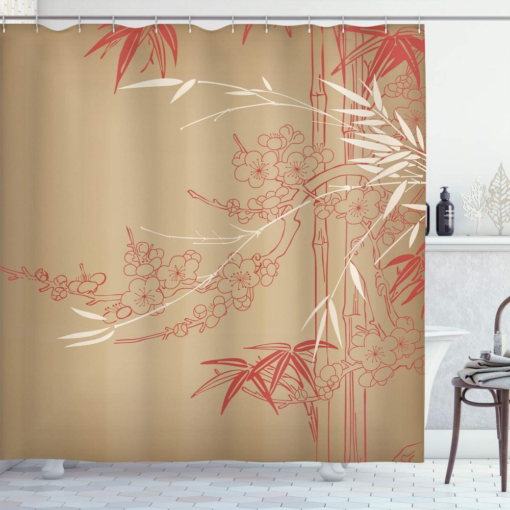 Ambesonne Asian Print Shower Curtain, Eastern Nature Theme Outline Look Blooming Branch and Flowers Illustration, Cloth Fabric Bathroom Decor Set with Hooks, 69" W x 84" L, Dark Sand