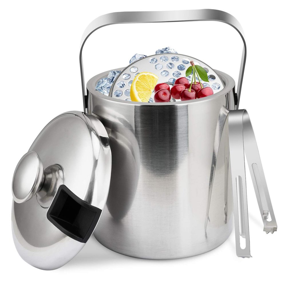 1.3 L Ice Bucket with Lid Strainer Tongs Ice Cube Container for Cocktail Bar Freezer Parties Weddings Stainless Steel Double Wall Keeps Ice Frozen Longer Fruit Holder kitchen fresh-keeping utensils