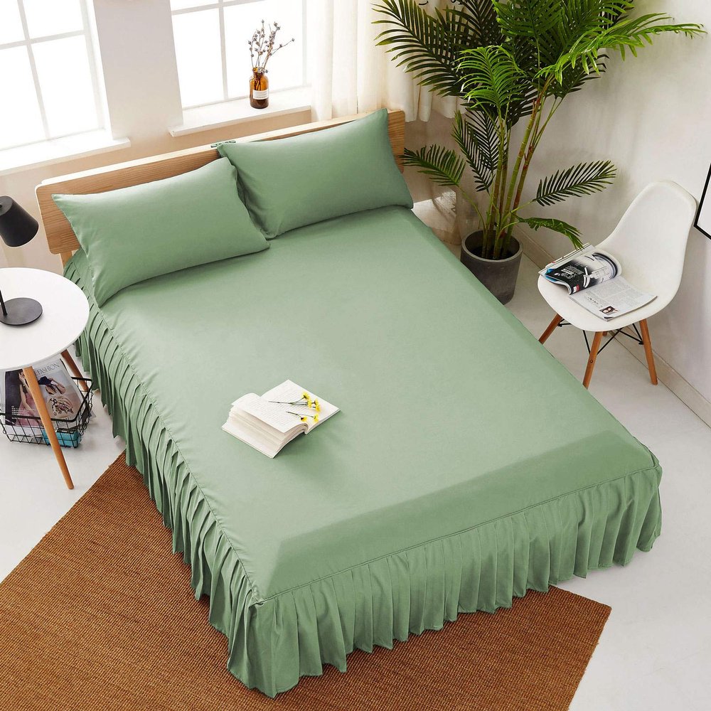 Bedding Empire 25" Drop Solid 1 Piece European Pleated Bed Skirt/Bed Cover 100% Egyptian Cotton 500 TC Moss Queen Size