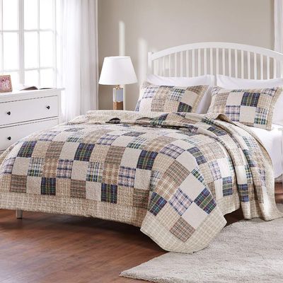 3pc Cabin Lodge Beige Brown Patchwork Quilts King/Cal King Size - Country Style Checkered Allover Neutral Colorful Squares Plaid Bedding Set, Reversible 100%cotton Comfortable Warm Cozy Soft Bed Decor