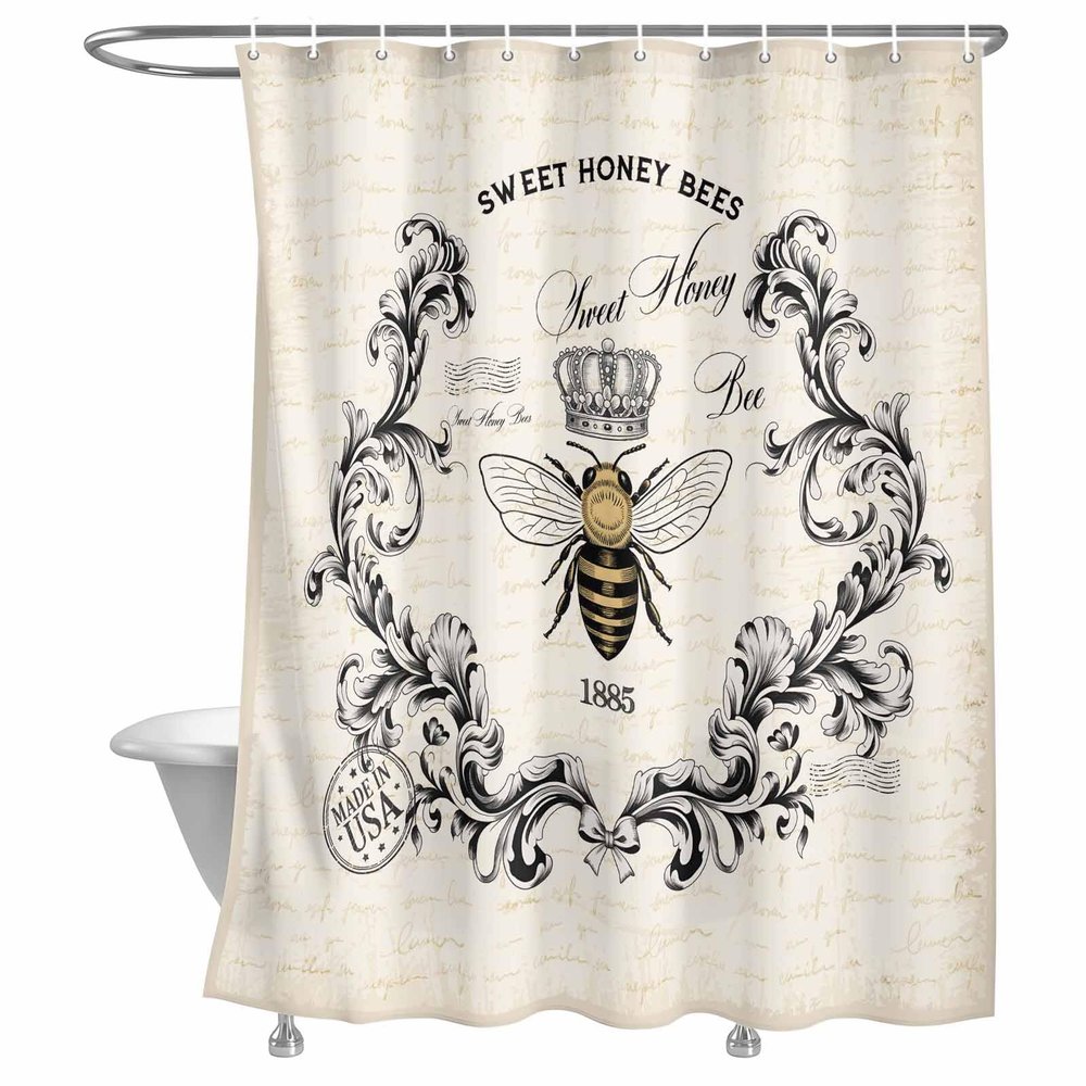Rustic Bee Crown Shower Curtain Sweet Honey Bees Vintage Newspaper Bathroom Curtains, Polyester Fabric Shower Curtain for Bathroom 12PCS Hooks