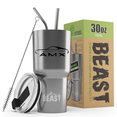 1968 1969 AMC AMX Beast 30 oz Stainless Steel Insulated Tumbler w/Lid, 2 Straws, Brush and Gift Box stainless