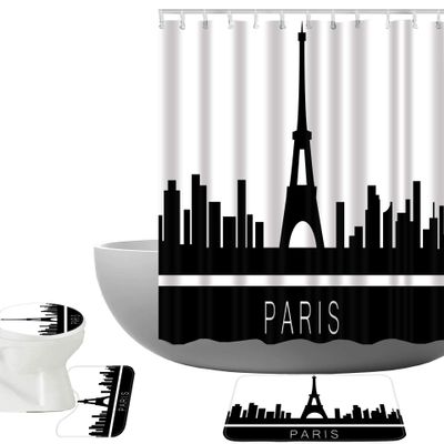 Amagical Paris Eiffel Tower Cityscape Black and White Pattern 16 Piece Bathroom Mat Set Shower Curtain Set Bath Mat Contour Mat Toilet Cover Shower Curtian 12 Hooks