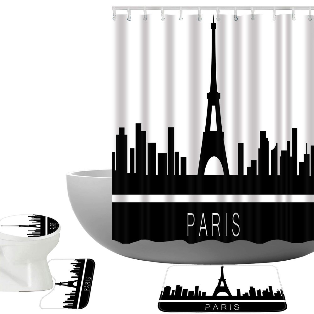 Amagical Paris Eiffel Tower Cityscape Black and White Pattern 16 Piece Bathroom Mat Set Shower Curtain Set Bath Mat Contour Mat Toilet Cover Shower Curtian 12 Hooks