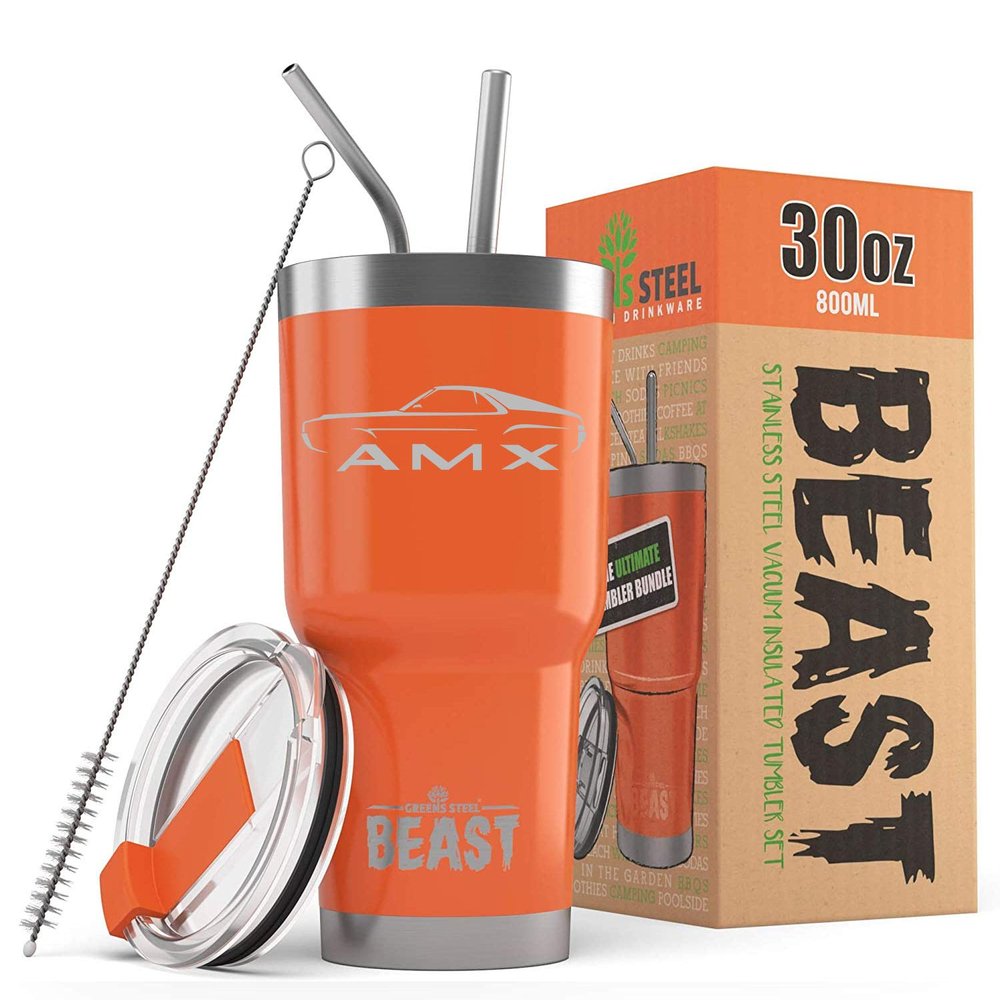 1968 1969 AMC AMX Beast 30 oz Stainless Steel Insulated Tumbler w/Lid, 2 Straws, Brush and Gift Box orange