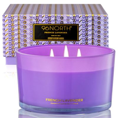 96NORTH Luxury Lavender Soy Candle | Large 3 Wick Jar Candle | Up to 50 Hours Burning Time | 100% Natural Soy Wax | Relaxing Aromatherapy Aesthetic Candle | Housewarming Gift for Women and Men