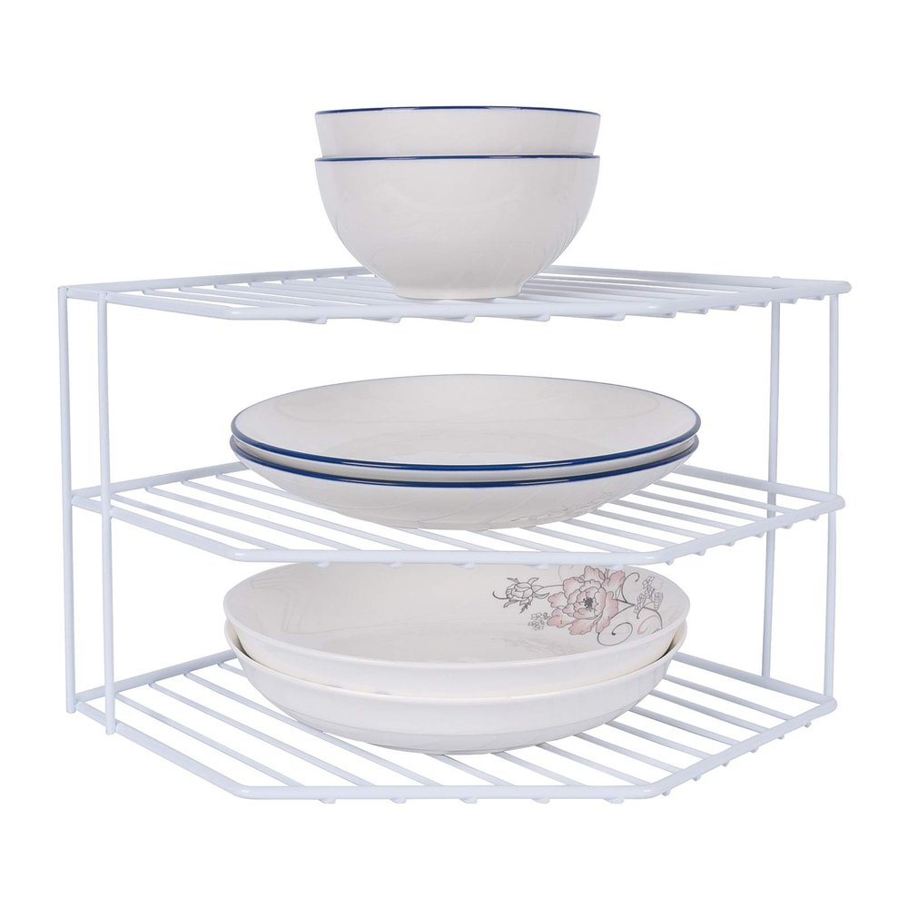 3-Tier Corner Shelf Counter and Cabinet Organizer - Steel Metal Wire - Rust Resistant - Plates, Dishes, Cabinet & Pantry Organizer - Kitchen Organization (10 x 7.5 Inch)(White)