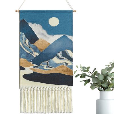 Alynsehom Macrame Woven Wall Hanging Tapestry Boho Wall Art Moon Mountain Chic Home Decor Bohemian Aztec Apartment Dorm Room Backdrop Decoration (Blue)