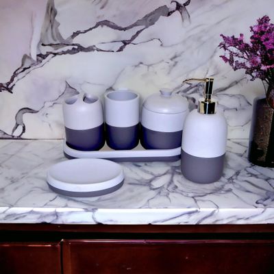 5 Piece Bathroom Set - White & Grey Color with Vanity Tray - Nature Home Decor