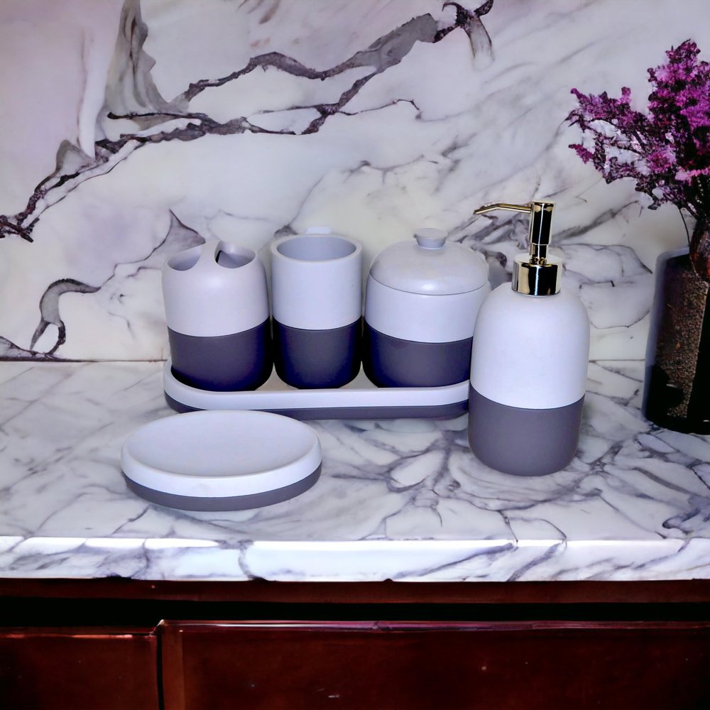 5 Piece Bathroom Set - White & Grey Color with Vanity Tray - Nature Home Decor