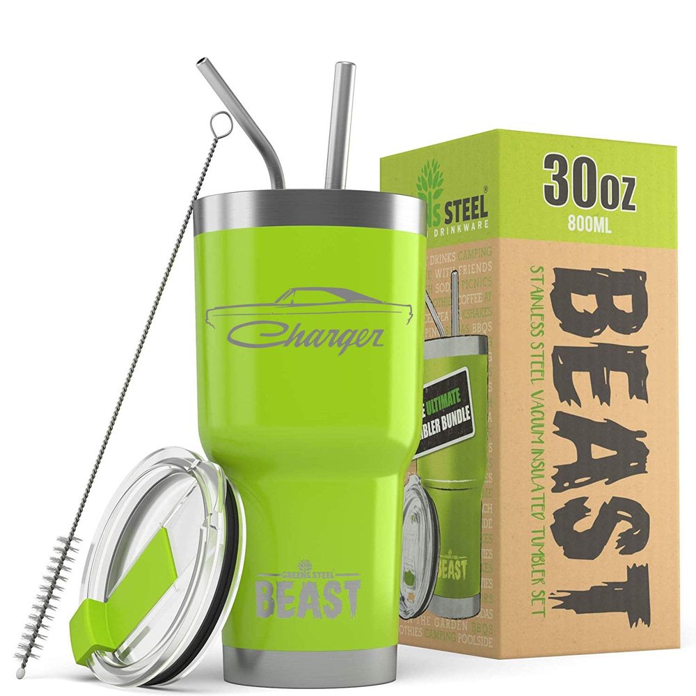 1968 1969 1970 Charger Beast 30 oz Stainless Steel Insulated Tumbler w/Lid, 2 Straws, Brush and Gift Box lime
