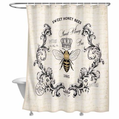 Rustic Bee Crown Shower Curtain Sweet Honey Bees Vintage Newspaper Bathroom Curtains, Polyester Fabric Shower Curtain for Bathroom 12PCS Hooks