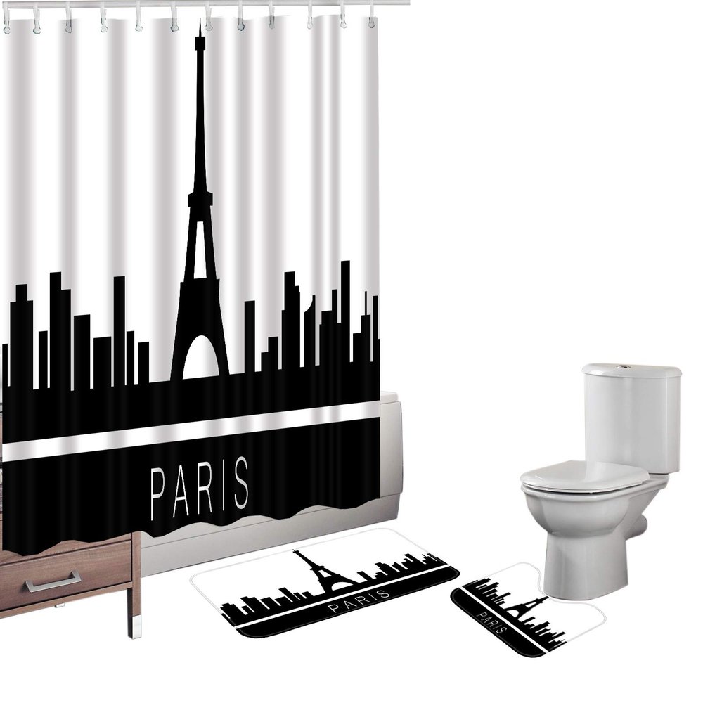 Amagical Paris Eiffel Tower Cityscape Black and White Pattern 3 Piece Bathroom Mat Set Shower Curtain Set Bath Mat Contour Mat Shower Curtian 12 Hooks
