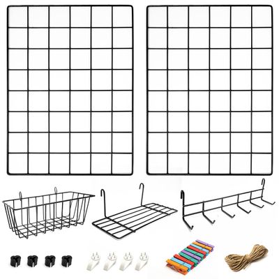 2 Pack Wire Wall Grid Panel With Accessories | Includes Hanging Basket, Shelf & Hook Rack | Photo Grid Wall Panels | Hanging Home, Office & Kitchen Dcor | Metal & Black