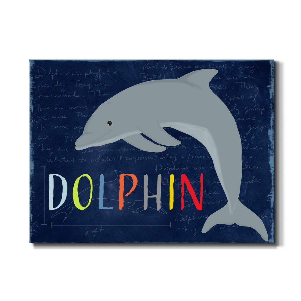 Renditions Gallery Canvas Animal Wall Art Home Paintings & Prints Blue Playful Dolphin Modern Abstract Vibrant Canvas Wall Hanging Decorations for Kids Bedroom Nursery - 32"x48" LT33
