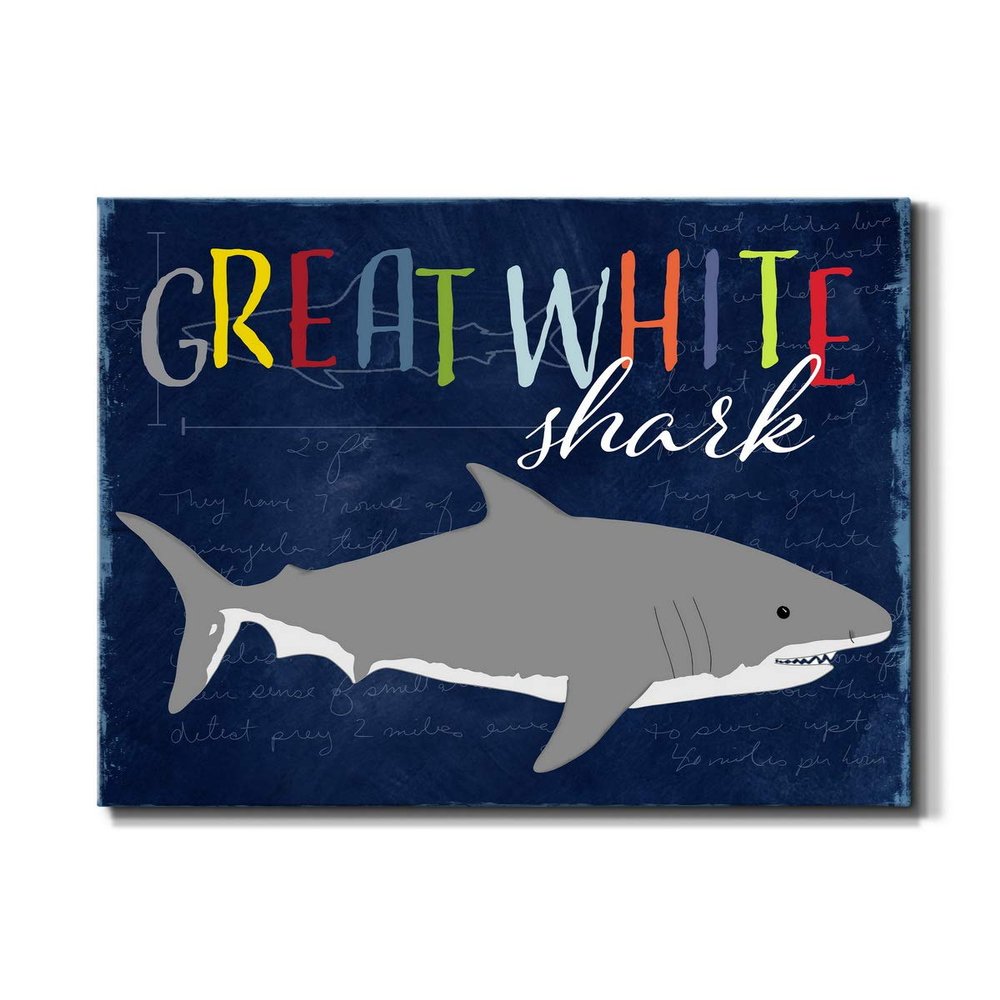 Renditions Gallery Canvas Animal Wall Art Home Paintings & Prints Smiling Playful White Shark Modern Abstract Vibrant Wall Hanging Decorations for Kids Bedroom Nursery - 24"x36" LT33
