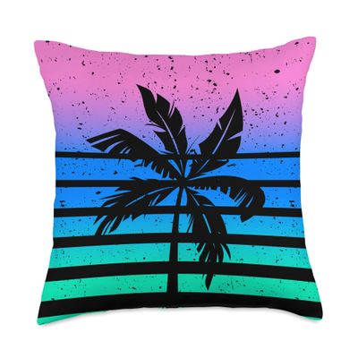80s Vaporwave Vintage Sunset Purple & Green Palm Tree Throw Pillow