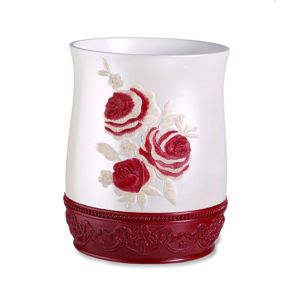 Popular Bath Blossom Rose Style Waste Basket Modern Luxury Decor, Burgundy