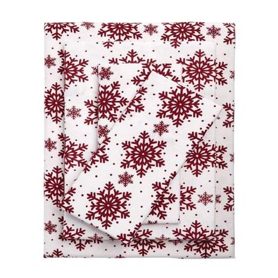 4 Piece Cabin Lodge Cranberry Red White Winter Flannel Sheets, Beautiful Snowflakes Colorful Bright Deep Pocket Cotton Bed Sheets Full Size - Comfortable Soft Warm Cozy Comfy Farmhouse Bedding Set