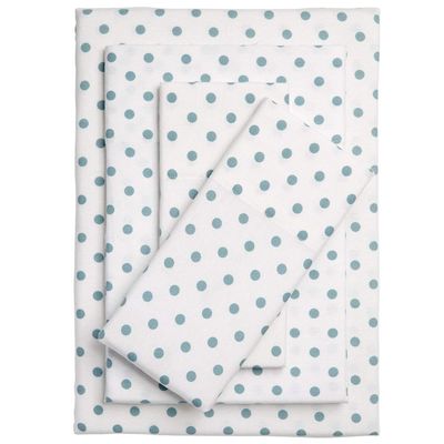 Premium 4pcs Classic Polka Dot Blue Cotton Bed Sheets Set | All Seasons Comfortable Warm Cozy Smooth Soft White Flannel Sheets King Size | Lightweight Deep Pocket Flat Fitted Sheets Decor Pillowcases