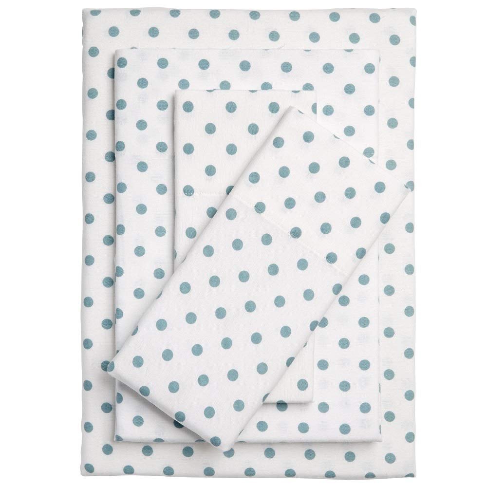 Premium 4pcs Classic Polka Dot Blue Cotton Bed Sheets Set | All Seasons Comfortable Warm Cozy Smooth Soft White Flannel Sheets King Size | Lightweight Deep Pocket Flat Fitted Sheets Decor Pillowcases