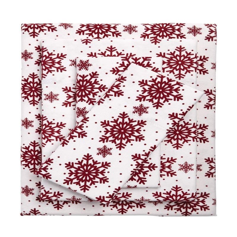 4 Piece Cabin Lodge Cranberry Red White Winter Flannel Sheets, Beautiful Snowflakes Colorful Bright Deep Pocket Cotton Bed Sheets Queen Size, Comfortable Soft Warm Cozy Comfy Farmhouse Bedding Set