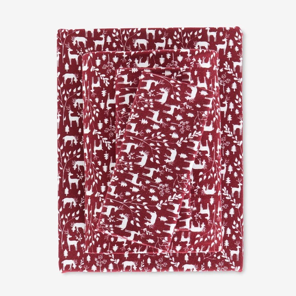4 Piece Cabin Lodge Cranberry Red Winter Flannel Sheets Queen Size - Beautiful Reindeer Christmas Tree Rustic Farmhouse Bedding Set - Comfortable Deep Pocket Soft Warm Cozy Comfy Cotton Bed Sheets
