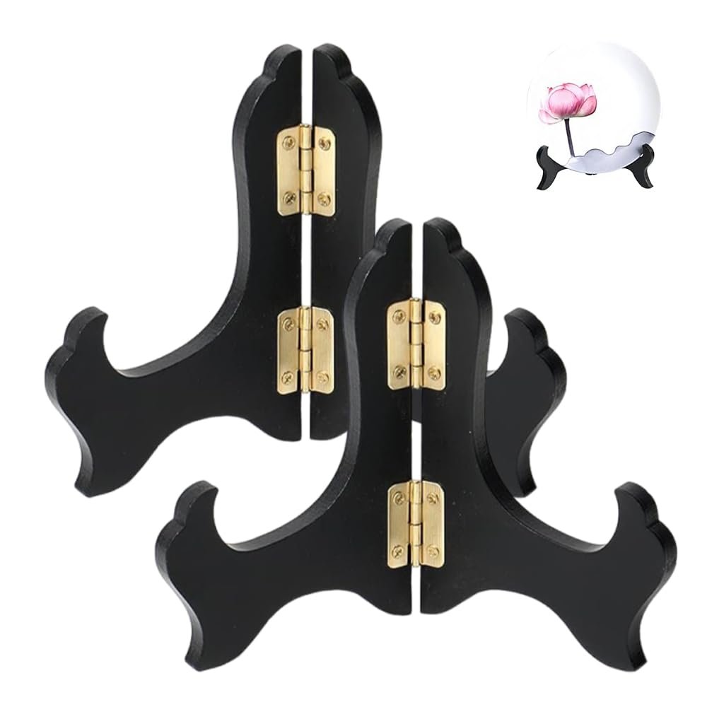 CHENSHUO Wooden Display Stand,Black Wooden Plate Holder Easels,Oriental Furniture Wood Display Stand Home Decoration Plate Stand,Weddings Birthday Tables Pictures to Display,4 Inches,2 Packs.