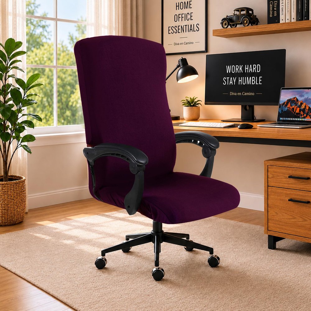 Stretch Computer Office Chair Cover with Durable Zipper - Universal Washable Removable Spandex Rotating Boss Chair Slipcovers - Anti-dust Soft Desk Chair Seat Protector for Dogs, Cats, Pets (Plum)