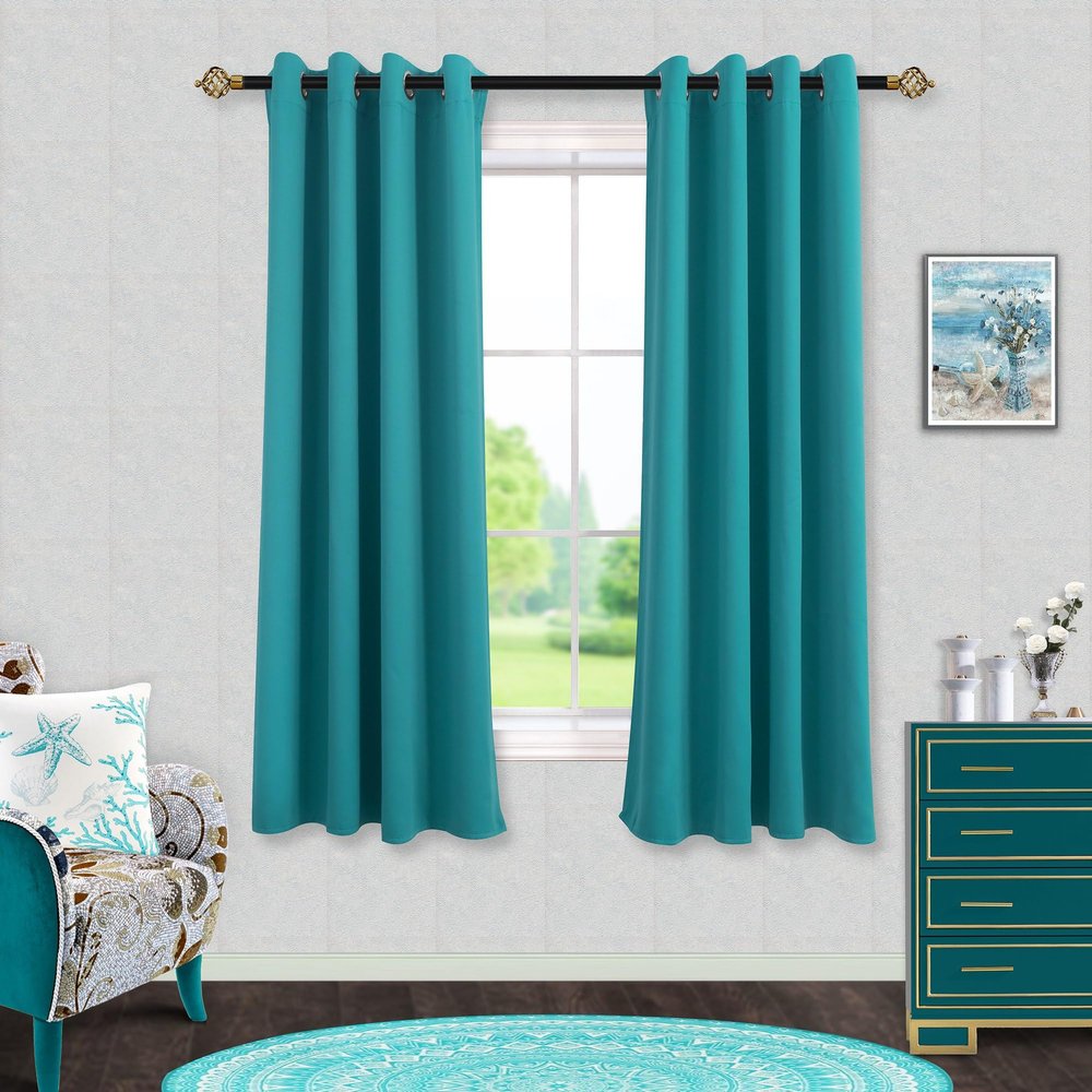 Mrs.Naturall Teal Curtains for Living Room 63 Inch Length,Blackout Black Out Retro 70s MCM Mid Century Modern Curtains for Kitchen Dining Room Match Brown Furniture 2 Panel Set