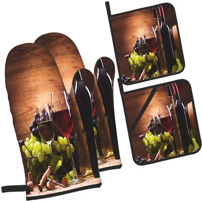 QIANKUI Vintage Glasses Wine Grapes Oven Mitts and Potholders Kitchen Set 4 Pcs, Heat Resistant Pot Holder & Baking Gloves