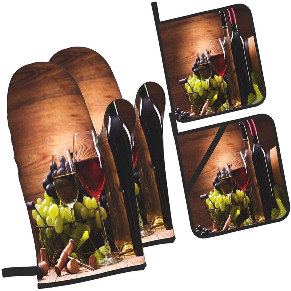 QIANKUI Vintage Glasses Wine Grapes Oven Mitts and Potholders Kitchen Set 4 Pcs, Heat Resistant Pot Holder & Baking Gloves