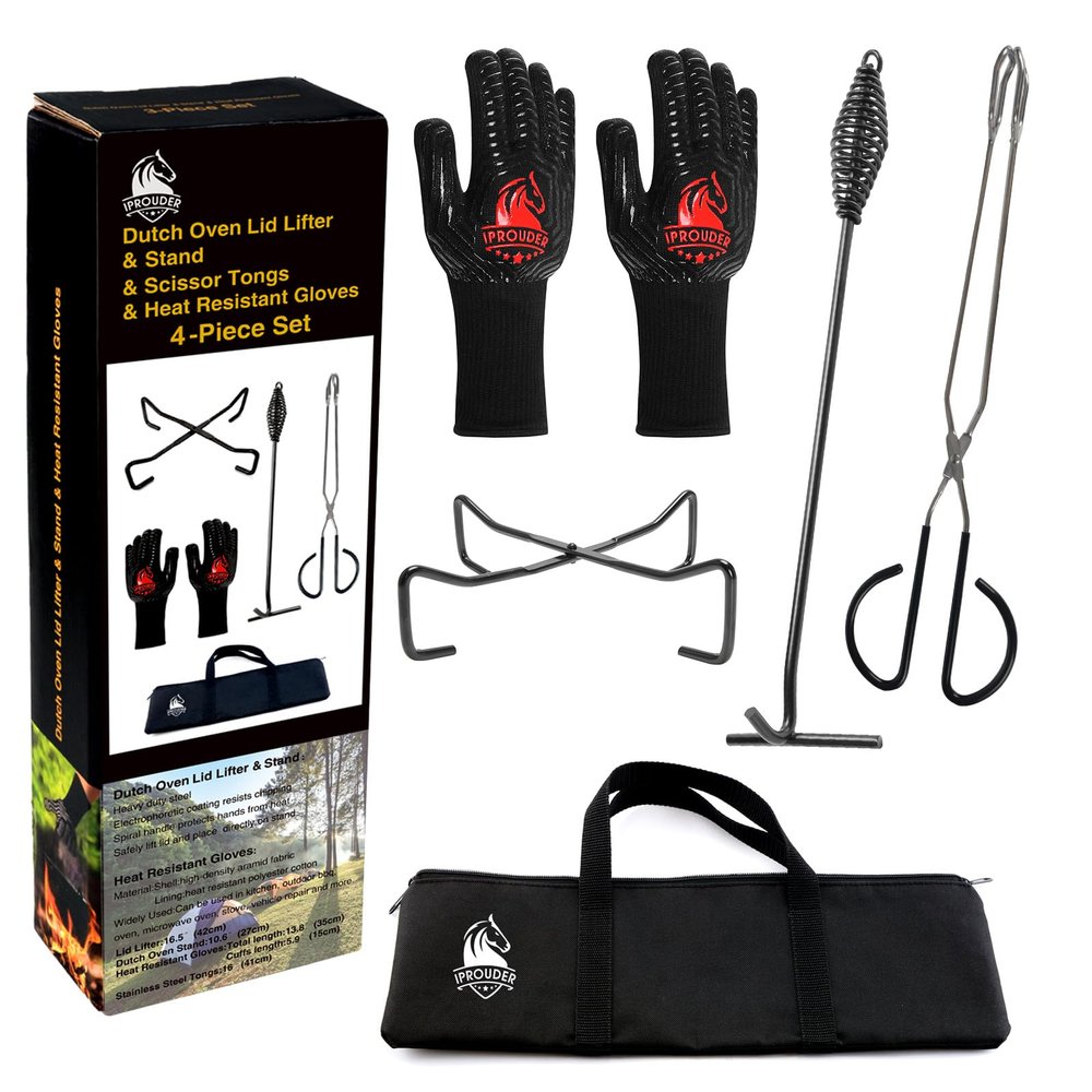 IPROUDER 5-in-1 Dutch Oven Camping Accessories Kit - Campfire Cooking Equipment with Heat-Resistant Gloves, 16" Scissors Tongs, Lid Lifter, Lid Stand & Trivet | BBQ Tools, Outdoor Camping Cookware