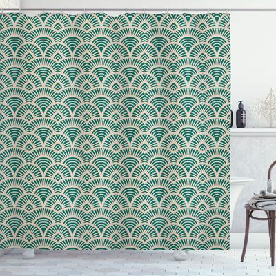 Ambesonne Japanese Art Shower Curtain, Fish Scale Inspired Vintage Hand Drawn Oriental Geometric Lines Motifs, Cloth Fabric Bathroom Decor Set with Hooks, 69" W x 84" L, Sea Green