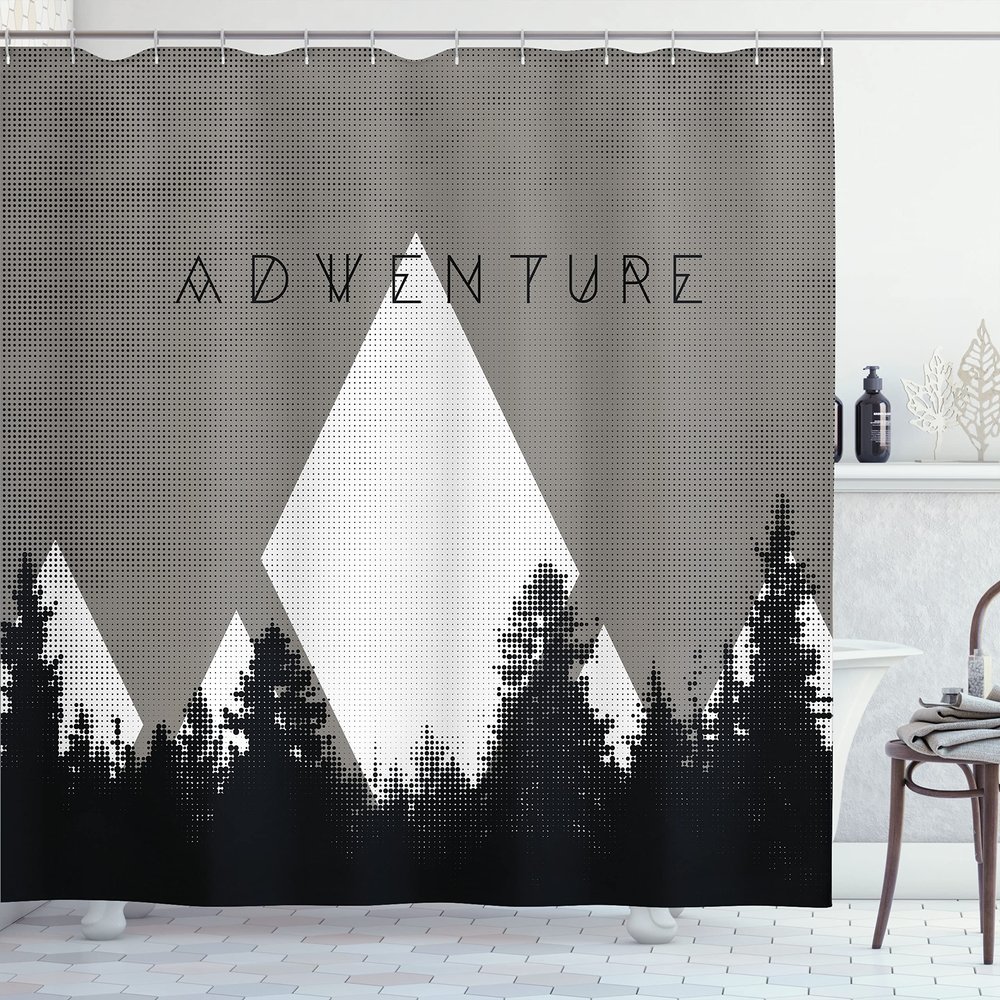 Ambesonne Adventure Shower Curtain, Forest Halftone Effect Hipster Typography Camping in Mountains, Cloth Fabric Bathroom Decor Set with Hooks, 69" W x 70" L, Grey Taupe