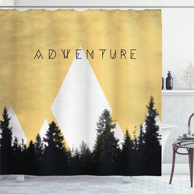 Ambesonne Adventure Shower Curtain, Forest Halftone Effect Hipster Typography Camping in Mountains, Cloth Fabric Bathroom Decor Set with Hooks, 69" W x 84" L, Black Mustard