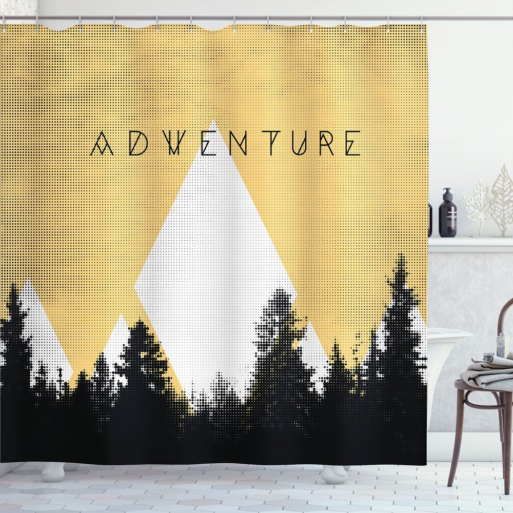 Ambesonne Adventure Shower Curtain, Forest Halftone Effect Hipster Typography Camping in Mountains, Cloth Fabric Bathroom Decor Set with Hooks, 69" W x 84" L, Black Mustard