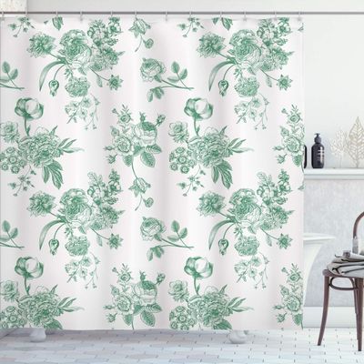 Ambesonne Botanical Shower Curtain, Vintage Floral Pattern Victorian Classic Royal Inspired Plants Modern Art, Cloth Fabric Bathroom Decor Set with Hooks, 84" Long Extra, Forest Green