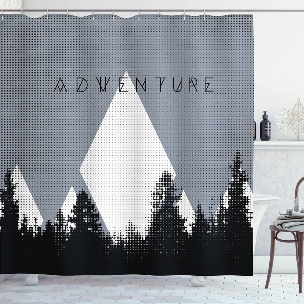 Ambesonne Adventure Shower Curtain, Forest Halftone Effect Hipster Typography Camping in Mountains, Cloth Fabric Bathroom Decor Set with Hooks, 69" W x 84" L, Blue Grey
