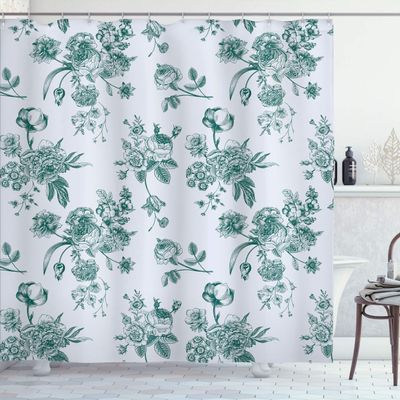 Ambesonne Botanical Shower Curtain, Vintage Floral Pattern Victorian Classic Royal Inspired Plants Modern Art, Cloth Fabric Bathroom Decor Set with Hooks, 84" Long Extra, Laurel Green