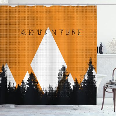 Ambesonne Adventure Shower Curtain, Forest Halftone Effect Hipster Typography Camping in Mountains, Cloth Fabric Bathroom Decor Set with Hooks, 69" W x 75" L, Apricot Grey