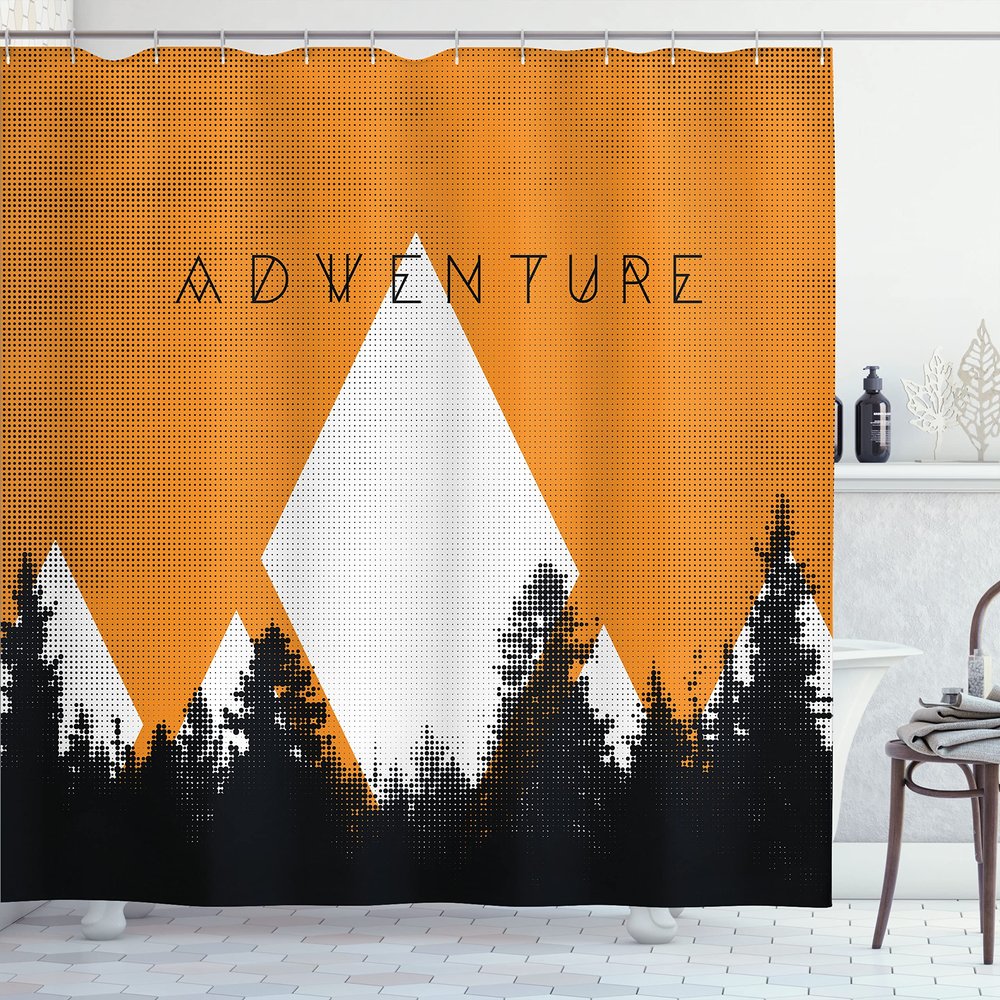 Ambesonne Adventure Shower Curtain, Forest Halftone Effect Hipster Typography Camping in Mountains, Cloth Fabric Bathroom Decor Set with Hooks, 69" W x 75" L, Apricot Grey