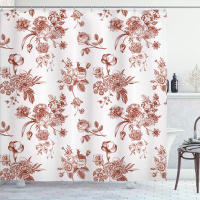 Ambesonne Botanical Shower Curtain, Vintage Floral Pattern Victorian Classic Royal Inspired Plants Modern Art, Cloth Fabric Bathroom Decor Set with Hooks, 84" Long Extra, Chestnut Brown