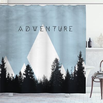 Ambesonne Adventure Shower Curtain, Forest Halftone Effect Hipster Typography Camping in Mountains, Cloth Fabric Bathroom Decor Set with Hooks, 69" W x 75" L, Pale Azure