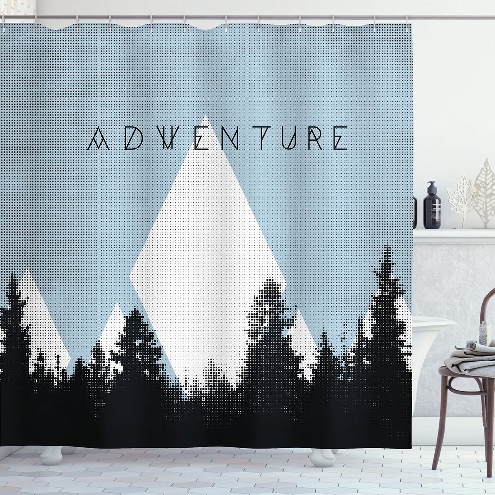 Ambesonne Adventure Shower Curtain, Forest Halftone Effect Hipster Typography Camping in Mountains, Cloth Fabric Bathroom Decor Set with Hooks, 69" W x 75" L, Pale Azure