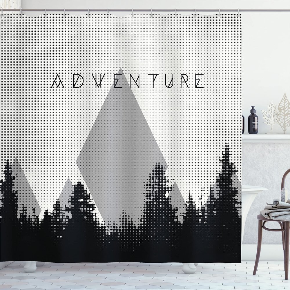 Ambesonne Adventure Shower Curtain, Forest Halftone Effect Hipster Typography Camping in Mountains, Cloth Fabric Bathroom Decor Set with Hooks, 69" W x 70" L, Pale Tan