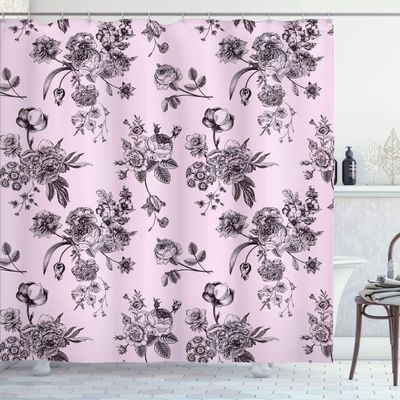 Ambesonne Botanical Shower Curtain, Vintage Floral Pattern Victorian Classic Royal Inspired Plants Modern Art, Cloth Fabric Bathroom Decor Set with Hooks, 84" Long Extra, Grey Pink